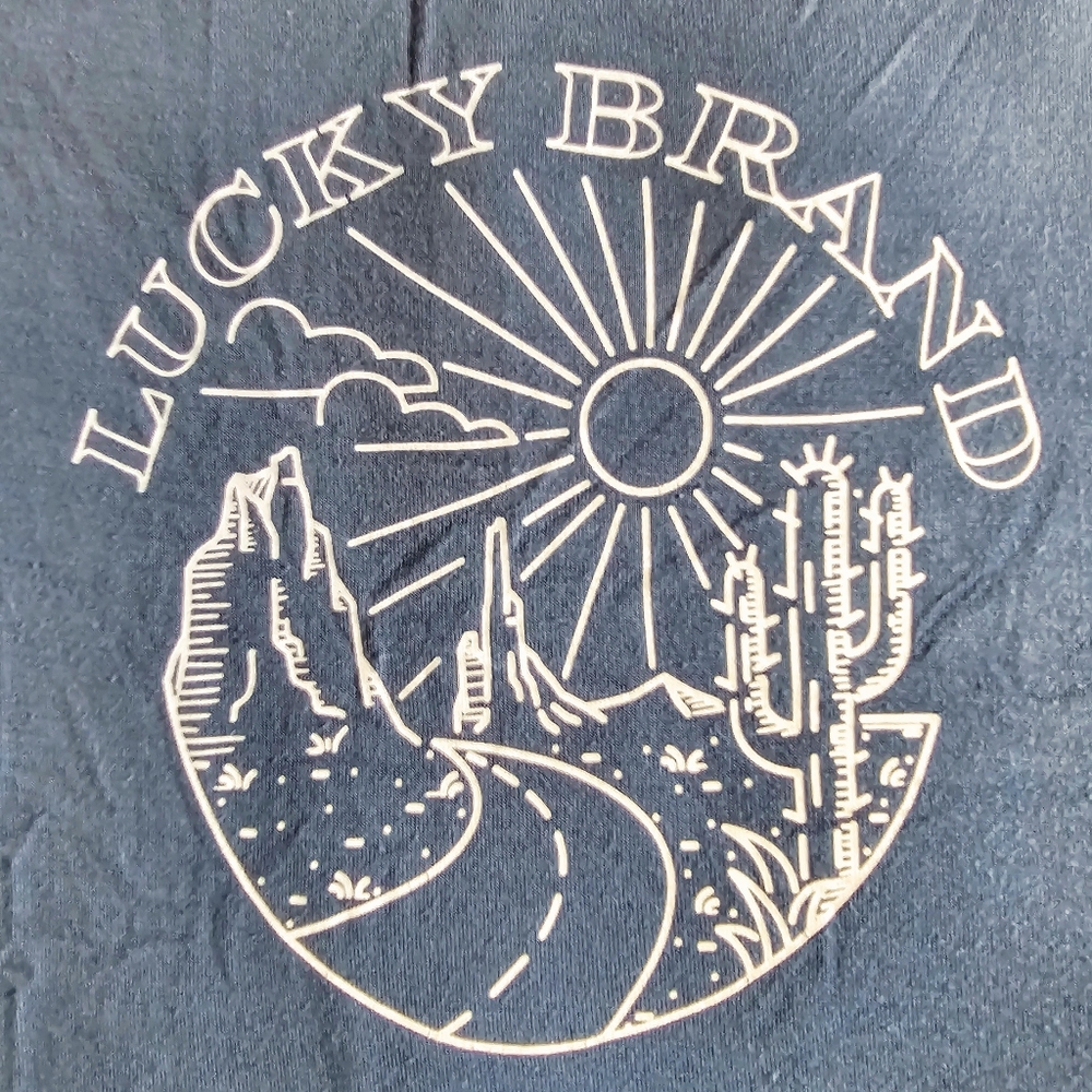 Lucky Brand women's t-shirt, sz L, blue, desert/ cactus on front